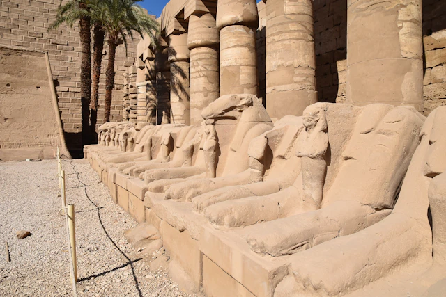 A row of ram-headed sphinxes, known as criosphinxes, guarding the entrance to the Karnak Temple complex. These statues symbolize the protective power of the god Amun and emphasize the temple's significance as a sacred place of worship and royal reverence.