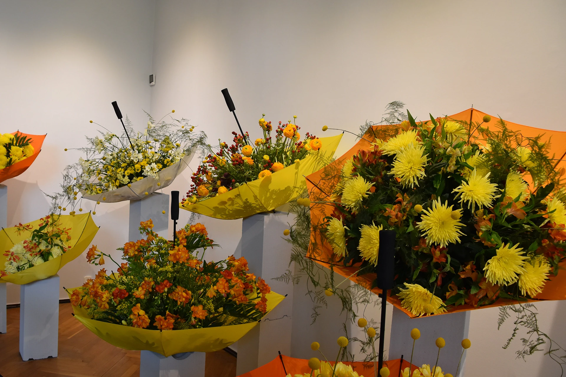 Inside Ksiaz Castle, a flower festival presents vibrant arrangements of chrysanthemums, ranunculus, and freesias, merging natural beauty with timeless elegance.