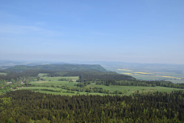 A sweeping panorama from the Table Mountains near Kudowa Zdroj reveals vibrant green fields, dense forest expanses, and distant rolling hills. The peaceful landscape stretches endlessly under a clear blue sky.