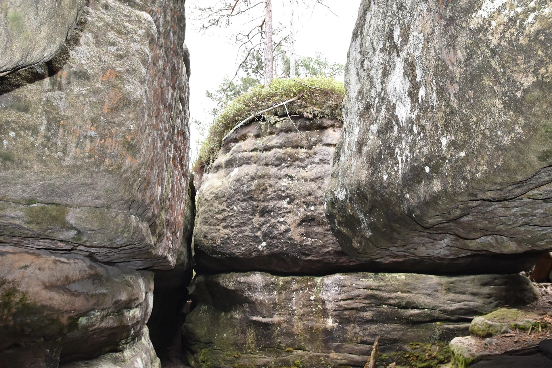 A narrow passage within Bledne Skaly's maze of sandstone formations. The rugged, weathered rocks create an enchanting atmosphere in this unique geological wonder.