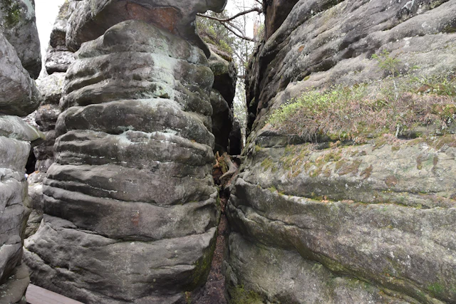 Another perspective of the maze-like sandstone formations in Bledne Skaly. The layered rock walls and narrow passages offer an immersive journey through this captivating natural labyrinth.