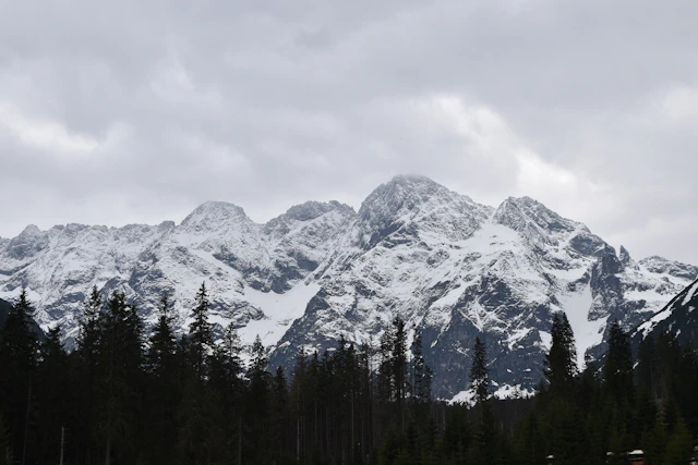 A majestic view of the Tatra Mountains, showcasing dramatic, snow-covered peaks rising above a dark forested landscape.