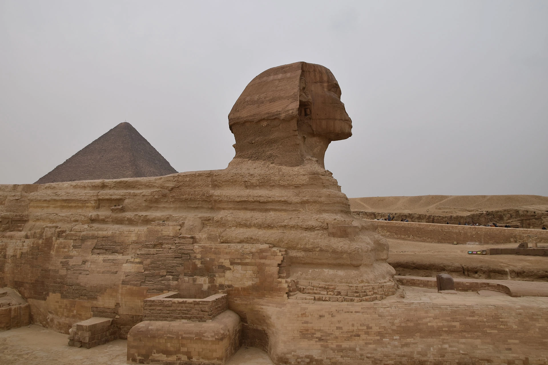 The Great Sphinx of Giza stands as a sentinel of history, its enigmatic gaze aligned with the timeless pyramid of Khafre in the background.
