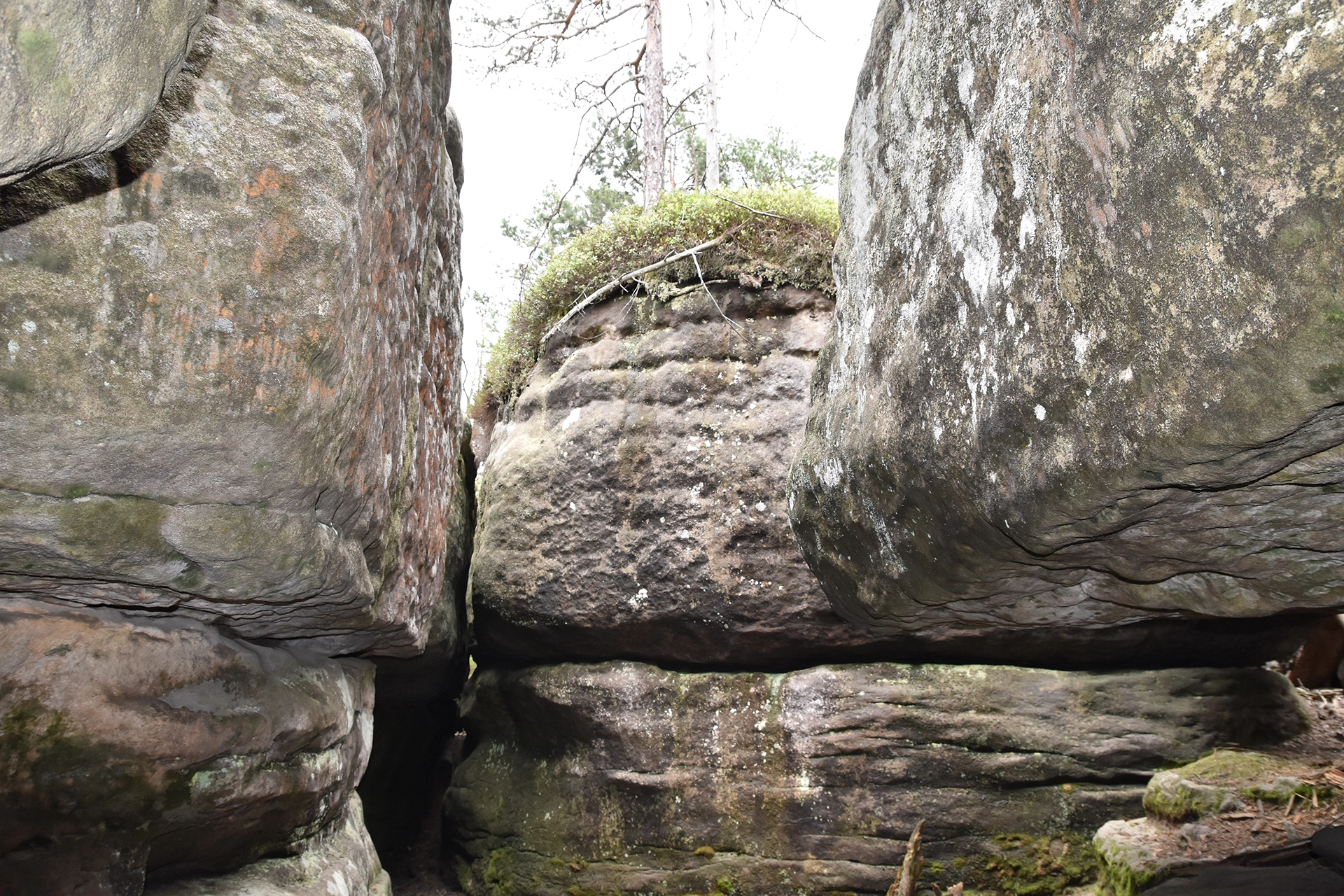 A narrow passage within Bledne Skaly's maze of sandstone formations. The rugged, weathered rocks create an enchanting atmosphere in this unique geological wonder.
