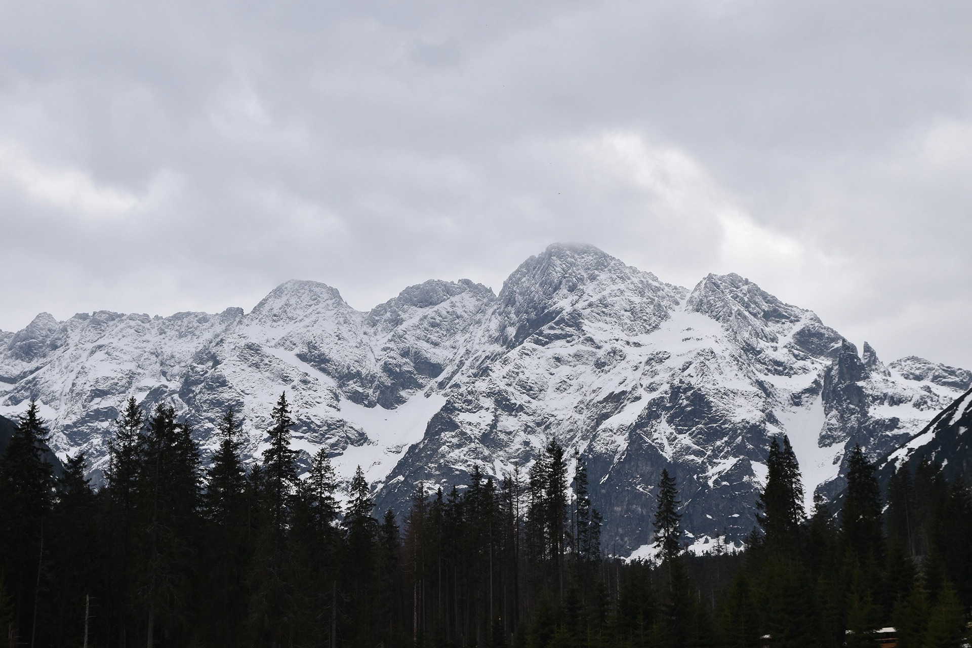 A majestic view of the Tatra Mountains, showcasing dramatic, snow-covered peaks rising above a dark forested landscape.