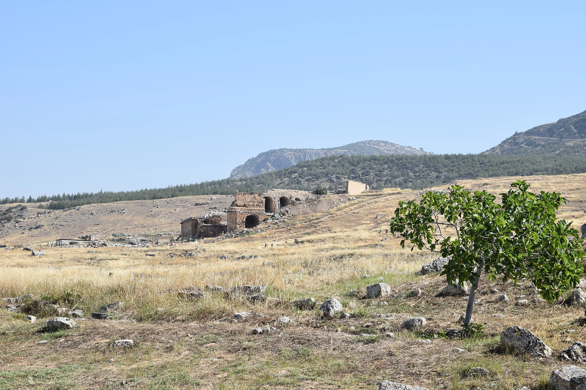 A tranquil scene near the ancient theater of Hierapolis, where historic ruins lie amidst the vast plains and hills of this UNESCO World Heritage Site.